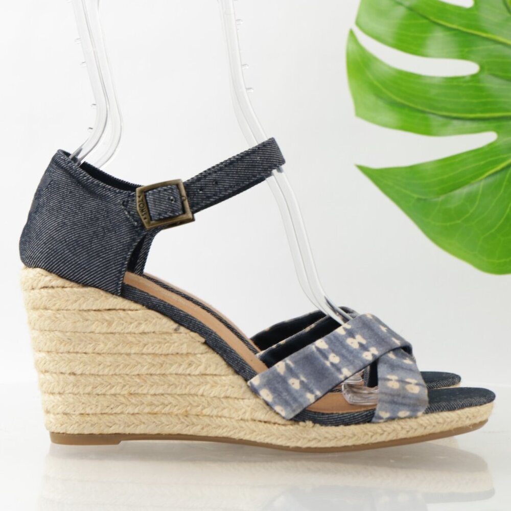 TOMS Womens Sienna Sandal Size 8.5 Blue Denim Wedge Espadrille Ankle Strap